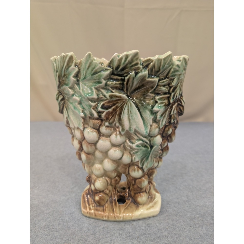 Vintage McCoy Pottery Grape and Leaf Relief Planter Green Brown Glaze Ceramic